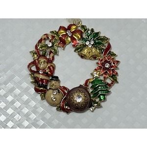 Gold Tone Metal Wreath Ornament Red‎ Green Santa Snowman Bells Holly Ribbon